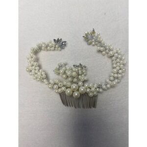 Bridal Pearl Rhinestone Hair Comb Tiara Wedding Hair Accessory Silver Tone